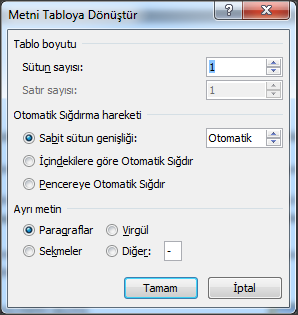 İçindekilere göre Otomatik Sığdır: Tablonuzun genişliğini içindeki verilerin genişliğine göre otomatik olarak belirleyecektir.