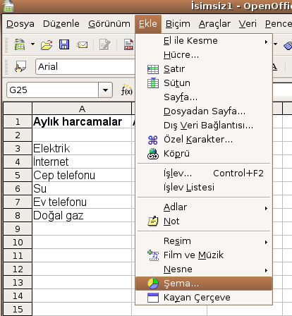 Çizelge ekleme Çizelge ekleme OpenOffice.org Hesap tablosunda derlediğiniz verileri çizelgeler haline getirebilirsiniz.