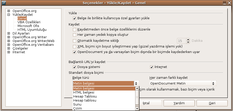 Dosya aç Şekil 7. Dosya kaydet de var sayılan dosya biçimi Açılabilen yazı dosyası biçimleri Metin belgesi dosya biçimlerine ek olarak (.odt ve.ott), OpenOffice.org 2.