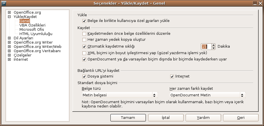 Dosya kaydetme Dosyalarınızı otomatik kaydetme OpenOffice.org çalışmakta olduğunuz belgelerinizi otomatik olarak kaydedebilmektedir. OpenOffice.org da otomatik kaydı ayarlayabilmeniz için aşağıdaki adımları takip ediniz: 1) Araçlar > Seçenekler> Yükle/Kaydet> Genel Yolunu takip edin.