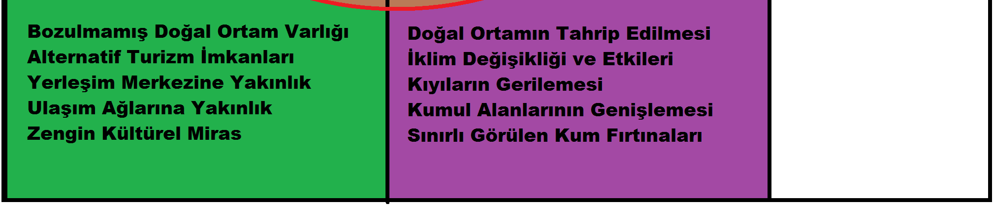 Tehditler: Çalışma alanında en önemli tehdit unsurunu halk ile uyumlu olmayan çevre planlaması uygulamaları oluşturmaktadır.