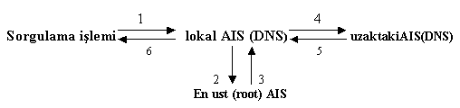 Bilgisayar sorgusunu Lokal DNS e gönderir(1). Lokal DNS bu isteği alır.