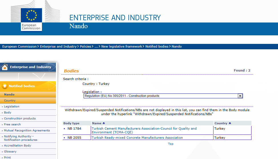 305/2011/EU da görevli kuruluşlar NANDO web sitesinden kontrol edilebilir. http://ec.europa.eu/enterprise/newapproach/na ndo/index.cfm?fuseaction=directive.