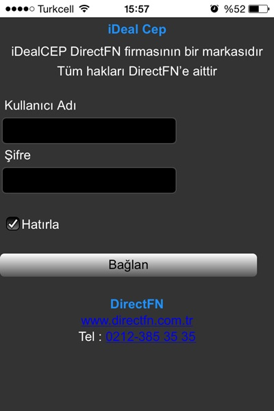 DirectFN ideal CEP Akıllı Telefon Uygulaması Apple IOS kullanıcıları AppStore üzerinden, Android işletim sistemli cihaz kullanıcıları Google Play üzerinden Directfn ideal Cep uygulamasını cihazlarına