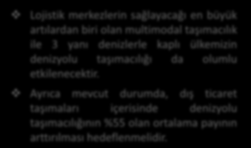 Ülkemizin gerek sınaî gerekse ticari firmalarının rekabet edebilirliğini arttırabileceği, çevresel faktörleri minimize edebilecekleri, multimodal taşımacılığı kullanabilecekleri, maliyet, hız,