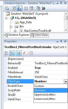Örnek : ToolScriptManager Ekle TextBox ekle Add Extender,FiltertextBoxExtender TextBox1,seç sağda properties panelinden TextBox1_FilteredTextBoxExtender.