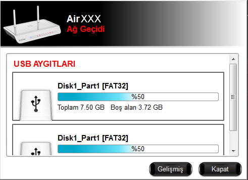 bağladığınız USB cihazlarınızı (printer, disk, usb hafıza) görüntüleyebilir, ağınızdaki bilgisayarların bu cihazlara erişiminin ayarlarını yapacağınız menüye ulaşabilirsiniz.