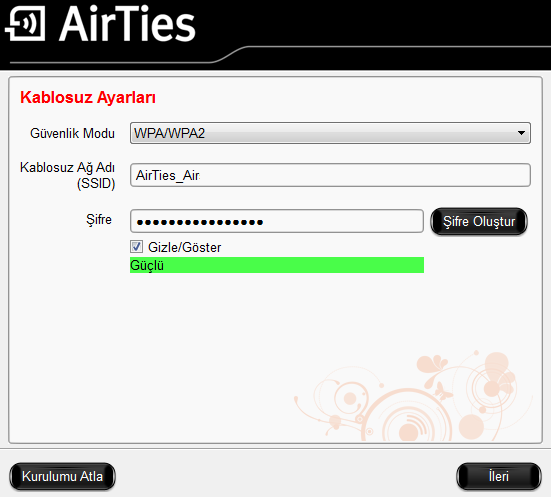 seçebilirsiniz. Bu bölümde, "WPA/WPA2" güvenlik modunu seçmeniz önerilir. Kurmayı planladığınız kablosuz ağınızı "Kablosuz Ağ Adı (SSID)" sekmesinde isimlendirebilirsiniz.