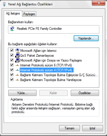 4. Internet Protocol Version 4 (TCP/IPv4) / İnternet Protokolü sürüm 4 (TCP/IPv4)" üzerine çift tıklayınız. 5.