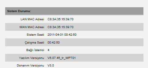 LAN MAC Adresi:AP-Router cihazınızın LAN MAC adresini gösterir. WAN MAC Adresi : AP-Router cihazınızın WAN MAC adresini gösterir. Sistem Saati: Sistemin güncellendiği saati gösterir.