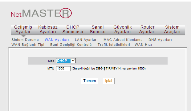 ağ maskesini giriniz. Genellikle bu değer 255.255.255.0 dır. Ağ Geçidi: İnternet servis sağlayıcınız tarafından verilen ağ geçidini giriniz. Eğer emin değilseniz mutlaka servis sağlayıcınıza sorunuz.