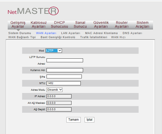 Mod: Mevcut bağlantı modunuzu gösterir. L2TP Sunucu Adresi: L2TP bağlantısı kurmak için gerekli olan hedef sunucunun IP adresi ya da alan adını gösterir.