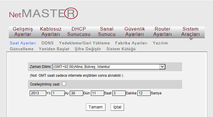 Zaman Dilimi: Aşağı açılan listeden WDS-300 AP-Router ı kullanmakta olduğunuz bölgeyi seçiniz. Özelleştirilmiş Saat: Ayarlamak istediğiniz saati giriniz.