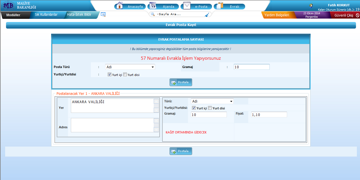 Teslim Al ve Postala veya Postala linklerini tıklayarak postalama işlemi gerçekleştirecekleri ekran açılır.