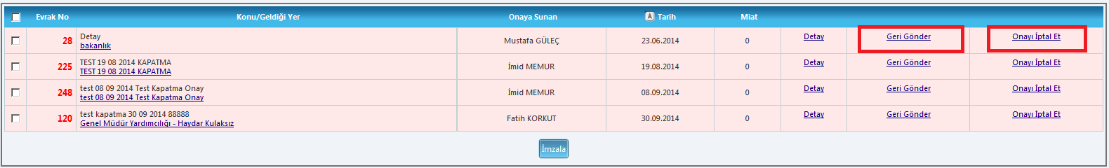 Evrakın kapatılması uygun görülmediğinde ya da kapatma bilgilerinin güncellenmesi gerektiğinde kapatma işlemini onaylayacak (paraflayacak) olan kişi Geri Gönder veya Onay İptal Et diyerek kapatma