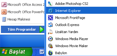 Resim 4 2. Başlat menüsünden Tüm Programlar Internet Explorer yolunu izleyerek çalıştırmak. Resim 5 2. Eğer varsa Hızlı BaĢlat Araç Çubuğundaki simgesine tıklayarak başlatmak.