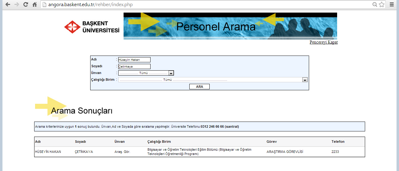 Personel Arama(Rehber) sayfası açılır. Şekil 1.