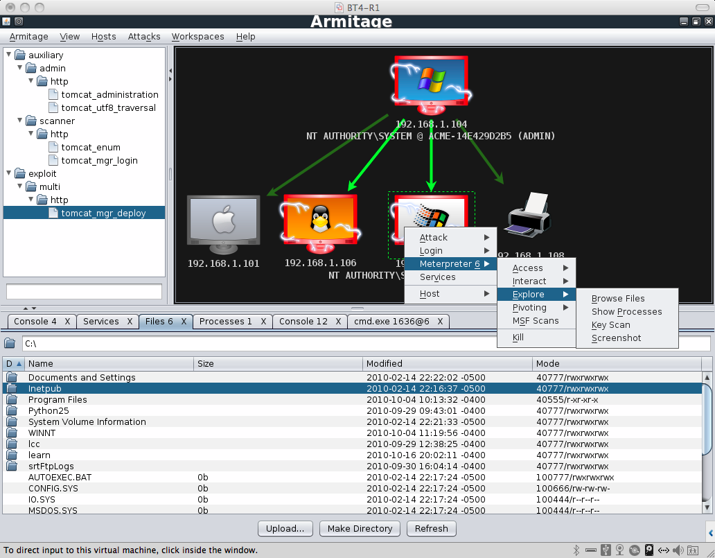 Armitage Armitage de Java diliyle hazırlanmış bir Metasploit Framework arayüzüdür, ancak Msfgui'nin aksine kullanım kolaylığı ve görselliği esas aldığı için giriş seviyesindeki kullanıcılara daha