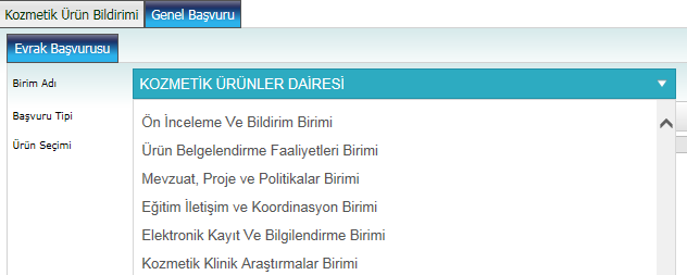 Açılan ekranda Birim Adı kısmından Kozmetik Ürünler Dairesi altındaki ilgili birim seçilmelidir. Şekil 39. Kozmetik Ürünler Dairesi altındaki birimlerin ekranı.