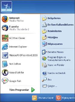 BAŞLAT MENÜSÜ Windows daki programları ve belgeleri kolayca başlatmayı sağlar.