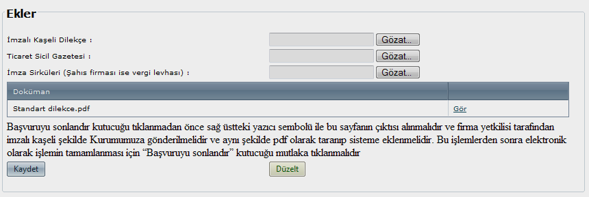 Şekil 21. Firma Bilgileri ve Firma Yetkilisi Bilgileri Değişikliği için Düzelt ve Kaydet sekmeleri.