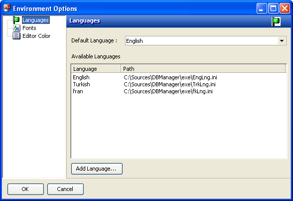 5.2.4.12. Çoklu Dil Desteği Çoklu dil desteği ekranı ile DBAExplorer a birden fazla dil tanımı yapılabilmektedir. İsteğe bağlı olarak yeni diller de kullanıcılar tarafından tanımlanabilmektedir.