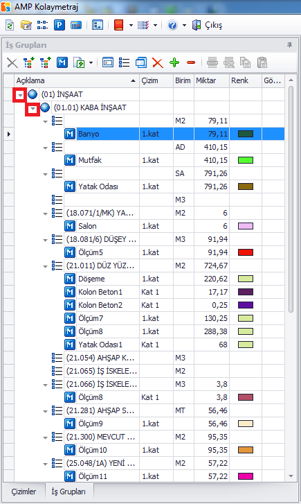 İş gruplarının ağaç görünümlü tablosunda metrajın miktarı, aynı metrajın Çizimler in ağaç görünümde farklı miktar olabilir. Bunun nedeni Çizimler sekmesinde ilk metrajların miktarları gözükmektedir.