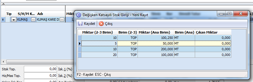 Birden fazla satırda farklı metrelerde girişler yapılabilir.