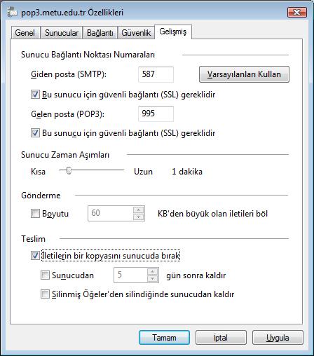 Sunucu türünü POP3 seçtiyseniz e-postalar sabit diske indirilirken sunucudan silinir.