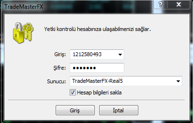 Demo hesaba giriş yaparken sunucu bilgisi alanında TradeMasterFX-Real5