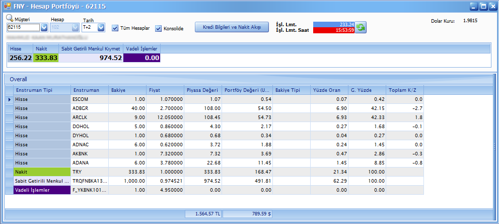MÜŞTERİ OVERALL Hesap portföyü ekranından tüm portföy bilgileri (hisse, vob, tahvil..) eş zamanlı olarak izlenebilir.
