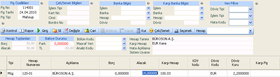 Üretim Maliyeti ile ilgili Muhasebe Fatura Fişi aşağıda gösterilmiştir. Bu fatura için müşteri ödemeyi peşin olarak yapmıştır. Bu ödeme Fiş Giriş Kartı aracılığı ile yapılır.