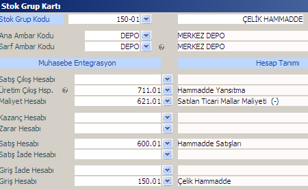 Hammadde Stok Grubu Oluştur Mamul Stok