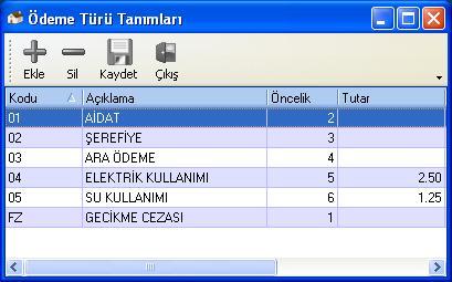 40 Ödeme Türü Tanımları ekranı solda görüldüğü Ģekilde ortaklara ait ödeme türlerini tanımladığımız ekrandır. Ġstenilen sayıda ödeme türü tanımlanabilir.