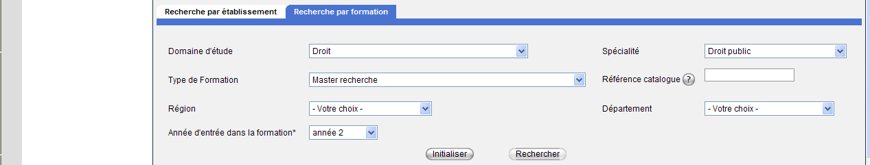 Örnek olarak kamu hukuku (droit public) mastır eğitimi için başvuru yapan bir öğrenciyi ele alacağız. Domaine d étude kısmında eğitim görmek istediğiniz alanı seçin.