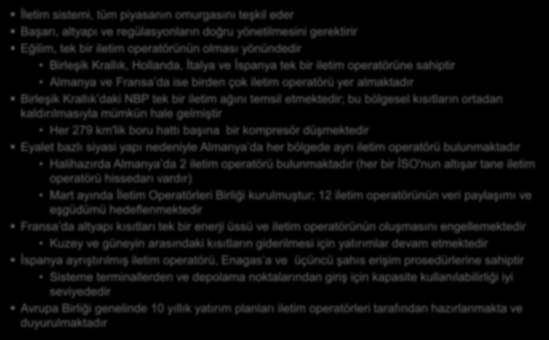 Uluslararası Piyasaların Analizi: İletim İyi işleyen ve tüm piyasayı temsil eden bir Enerji Üssü nün kurulması yatırımlar ve yapısal değişiklikler gerektirmektedir İletim sistemi, tüm piyasanın