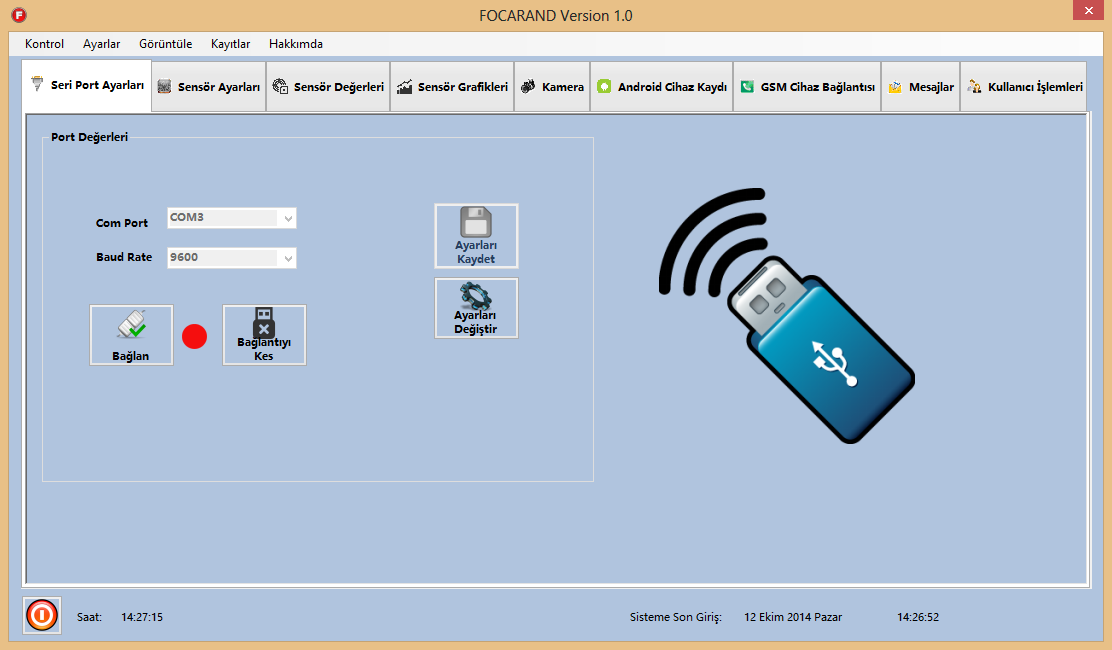 Şekil 7. Bluetooth ayarları penceresi Şekil 8. FOCARAND ana kontrol yazılımı Seri Port Ayarları kısmında, Arduino Uno R3 donanımının Com port bağlantı noktası, Baud Rate hızı ayarlanmaktadır.