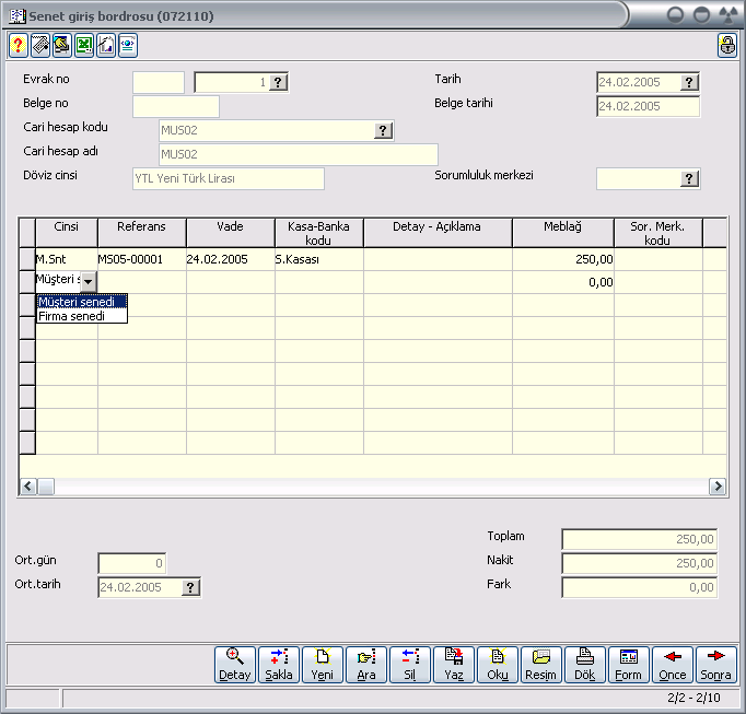Fark: Ġade alınan çeklerin toplam tutarı ile nakit değeri arasındaki farktır. Senet Giriş Bordrosu (072110) Evraklar menüsünün bu bölümünden, cari firmalardan alınan senetlerin giriģleri yapılacaktır.