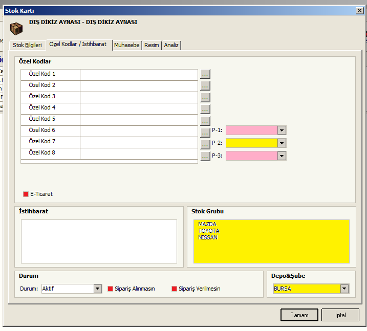 /ÖZEL KODLAR E-Ticaret = ALANI İŞARETLİ İSE, BU STOK KARTI E-TİCARET SİTESİNDE YAYINLANABİLECEKTİR. Sipariş Alınmasın = İŞARETLİ İSE, BU CARİ HESAPDAN SİPARİŞ ALINMASIN ( ORDERMAN DE GEÇERLİDİR ).