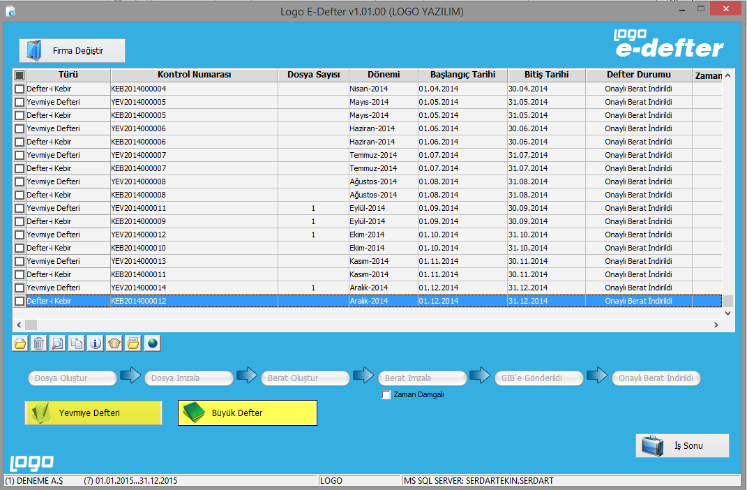 E-Defter Oluşturma İşlem Adımları; Logo e-defter uygulamasına program içerisindeki, Genel Muhasebe altındaki Ana kayıtlar bölümünden yada program klasöründeki Edefter kataloğu içerisindeki edefter.