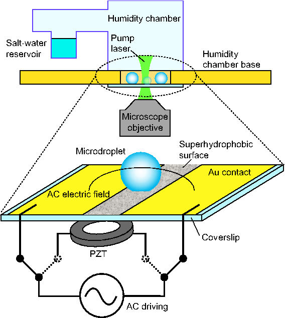 Şekil 3-11: Titreşen mikrodamlaların kullanıldığı kontak açısı ölçümleri için deneysel düzenek. Damlacıklar, sıralı olarak piezoelektrik dönüştürücü kullanılarak AC elektrik alan ile sürülmektedir.