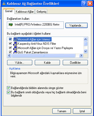 Resim1.2: Ağ bağlantıları penceresi(windos XP) Resim1.3: Ağ bağlantı özellikleri Windows XP de Masaüstü nden veya Denetim Masası ndan Ağ Bağlantıları penceresi açılır.