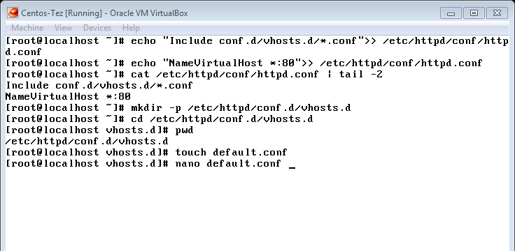 56 Şekil 6.6. Virtual Host Yapısı. Bir önceki ekran görüntüsünde (Şekil 6.6) verilen son komut ile açılan dosyanın içerisine default virtual host bilgileri eklenir. Ekran görüntüsünde default.