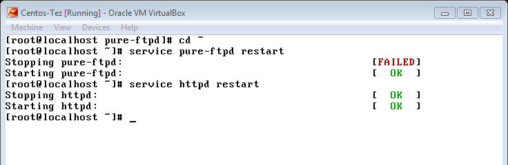 69 Şekil 6.23 Kullanılan Komutlar: cd ~ service pure-ftpd restart service httpd restart Şekil 6.23. Servislerin Yeniden Başlatılması.