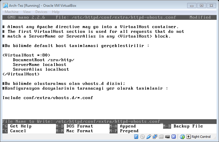 82 Dosyanın içeriği, ekran görüntüsünde (Şekil 6.37) belirtilmiştir. Bu aşamadan sonra oluşturulacak virtual host dosyaları /conf/extra/vhosts.d/ dizininin içerisinde tutulacaktır.