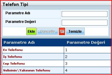 Telefon Tipi Resim 8 Hastaya ulaşmak için kullanılacak olan iletişim Telefon bilgisinin tipini belirlemek için kullanılacak olan tiplerdir.