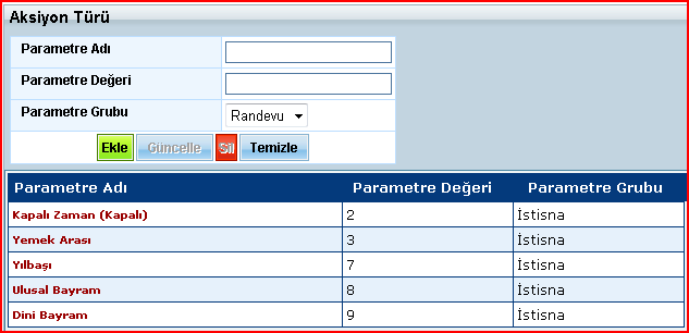 Aksiyon Türü Resim 10 Şablonlar tanımlanırken, her gün için çalışma periyotları belirlenir. Her bir periyodun içinde aktif çalışma olabileceği gibi çalışılmayan zaman seçenekleri de tanımlanabilir.