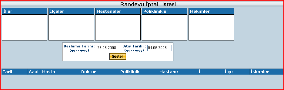 Çakışma (İptal Edilen Randevular) Listesi Resim 37 Hekim çalışma planlarında yapılan değişiklikler ya da plan değişikliği yapmadan istisnai durumların sisteme bildirilmesinden dolayı gelecekte