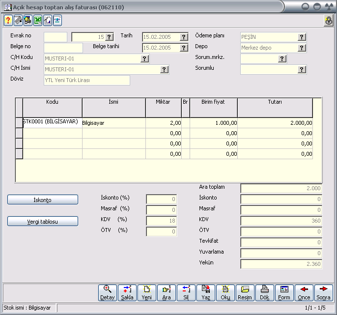 Açık Hesap Alış Bu bölümde yer alan programlar ile, açık alış faturalarının girişleri yapılacaktır. Açık fatura; alımların vadeli olarak yapıldığı durumlarda düzenlenir.